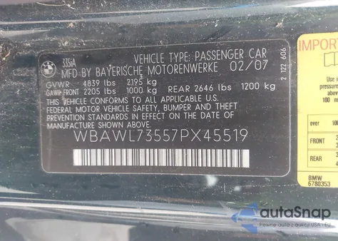 2007 BMW 335I from USA, damaged, VIN WBAWL73557PX45519